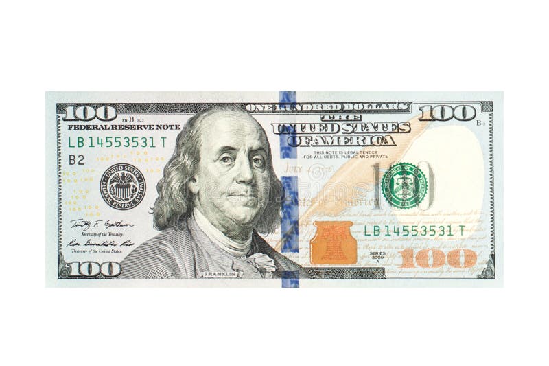 Американские деньги наличных денег долларовой банкноты 100 изолированные на белой предпосылке Доллары США 100 банкноты